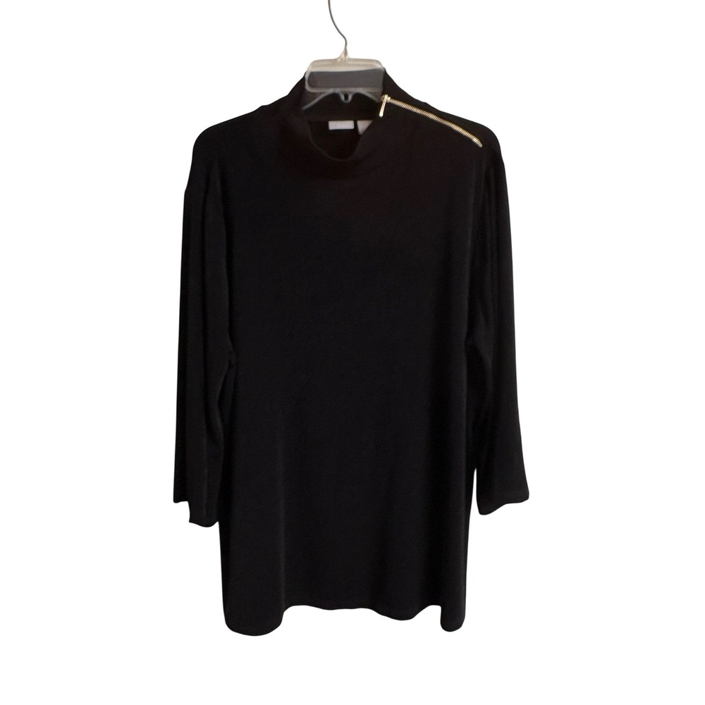Chicos Travelers Black Mock Neck Zip Shoulder Top 4 2XL 3/4 Sleeve Minimalist